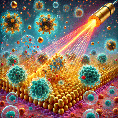 Image depicting laser interactions with gold nanoparticles near cells, showcasing the formation of vapor nanobubbles for enhanced drug delivery